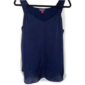 Vince Camuto Rich Navy Blue Ruffle Strap RumpleTank V-Neck Sz Medium